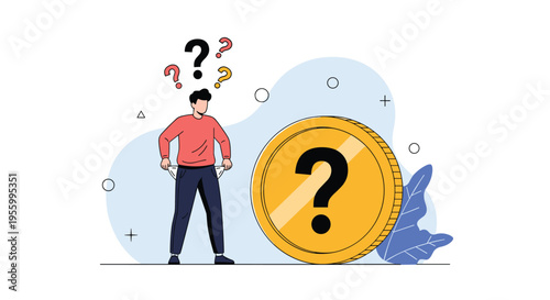 Worried man standing next to a large golden coin showing his empty pockets and wondering about financial future and money.