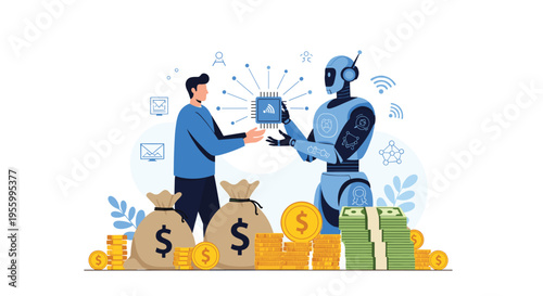 Human businessman exchanging high-tech microchip with artificial intelligence robot surrounded by money bags and coins stacks.