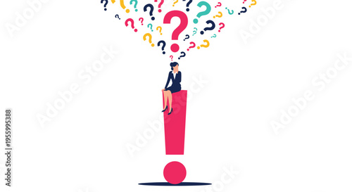 Pensive businesswoman sitting on top of large red exclamation mark while surrounded by numerous colorful floating question marks.