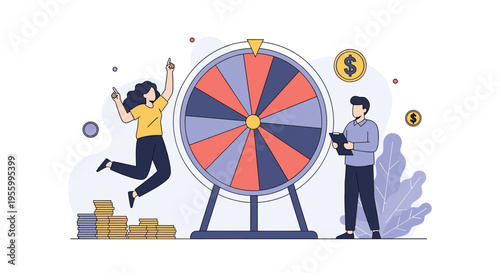 Joyful woman jumping with excitement after winning at wheel of fortune while assistant records results near stacks of gold coins.