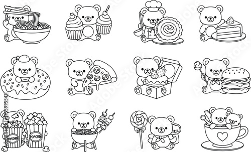 Cute teddy bear food coloring page kawaii cartoon collection