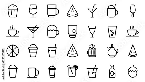 A complete set of forty-five minimalist black outline icons covering a wide variety of drinks and beverage containers on a white background.