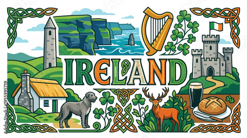 Vibrant Ireland Cultural Elements Vector Illustration with Celtic Knots, Cliffs of Moher, and Traditional Symbols