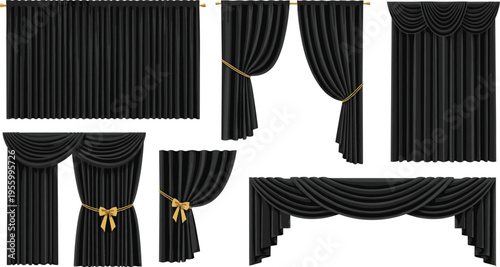 Black luxury curtains set with elegant drapery window decoration classic interior fabric collection illustration