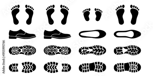 Footprint vector set with shoe prints barefoot and boot tread silhouettes isolated on white background