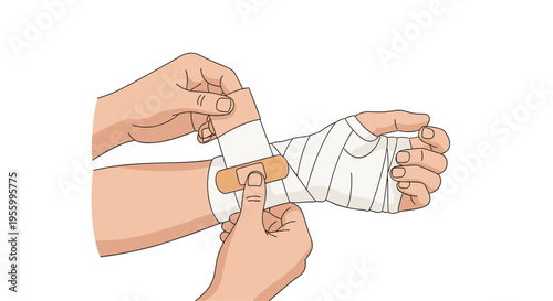 Close up view of first aid being administered by applying white medical bandage and adhesive tape to an injured wrist.