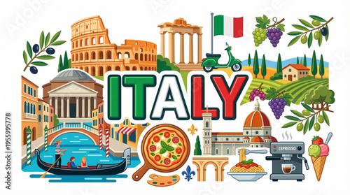 Vibrant Italy Cultural Elements Vector Illustration with Colosseum, Venice Canals, and Italian Cuisine