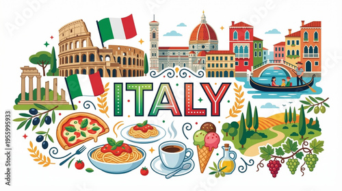 Vibrant Italy Cultural Elements Vector Illustration with Colosseum, Venice Canals, and Italian Cuisine