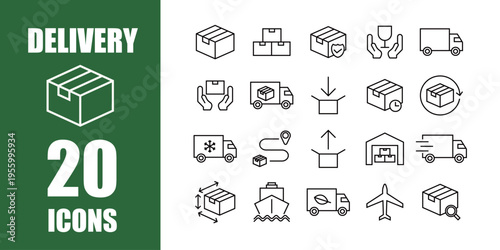 配送や物流のアイコンセット。白黒ベクターイラストレーション