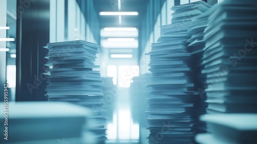 Tall stacks of white papers sit in the bright blue illuminated office space