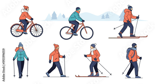 Collection of diverse people participating in various outdoor winter activities including cycling skiing and hiking in snow.