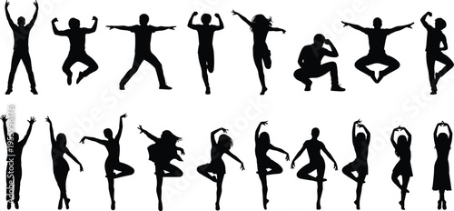 Collection of people silhouettes dancing jumping and posing active men and women black isolated vector set dynamic movement illustrationCollection of people silhouettes dancing jumping 