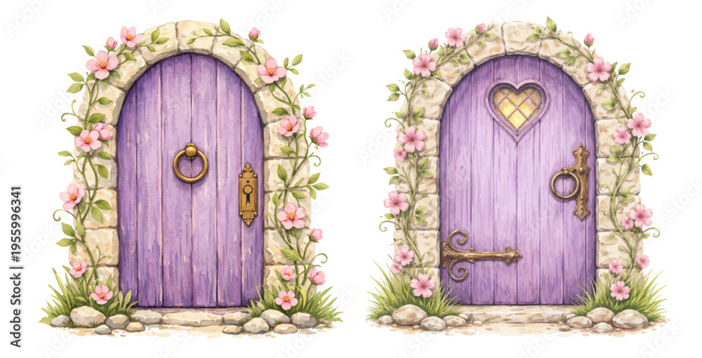 Obraz premium A beautiful collection of watercolor fairy doors with spring flowers, featuring whimsical purple wooden doors framed by stone arches and blooming vines isolated on a transparent background.