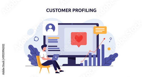 Marketing professional using laptop to analyze customer profiling data on large monitor with social media like icon.