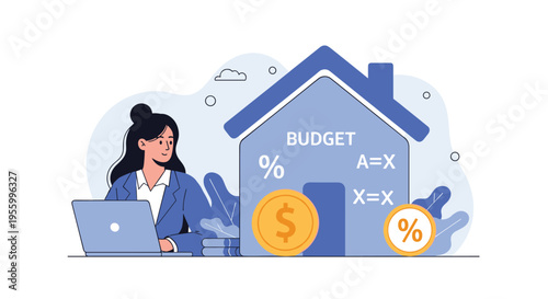 Woman planning home finances on laptop next to house icon displaying budget details and financial growth symbols.