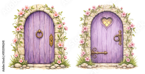 A beautiful collection of watercolor fairy doors with spring flowers, featuring whimsical purple wooden doors framed by stone arches and blooming vines isolated on a transparent background.