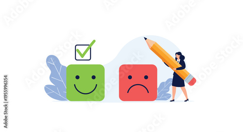 Woman using large pencil to select happy face icon over sad one to indicate customer satisfaction and positive review.