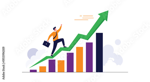 Energetic businessman running up an ascending green arrow on a colorful bar chart representing career and profit growth.