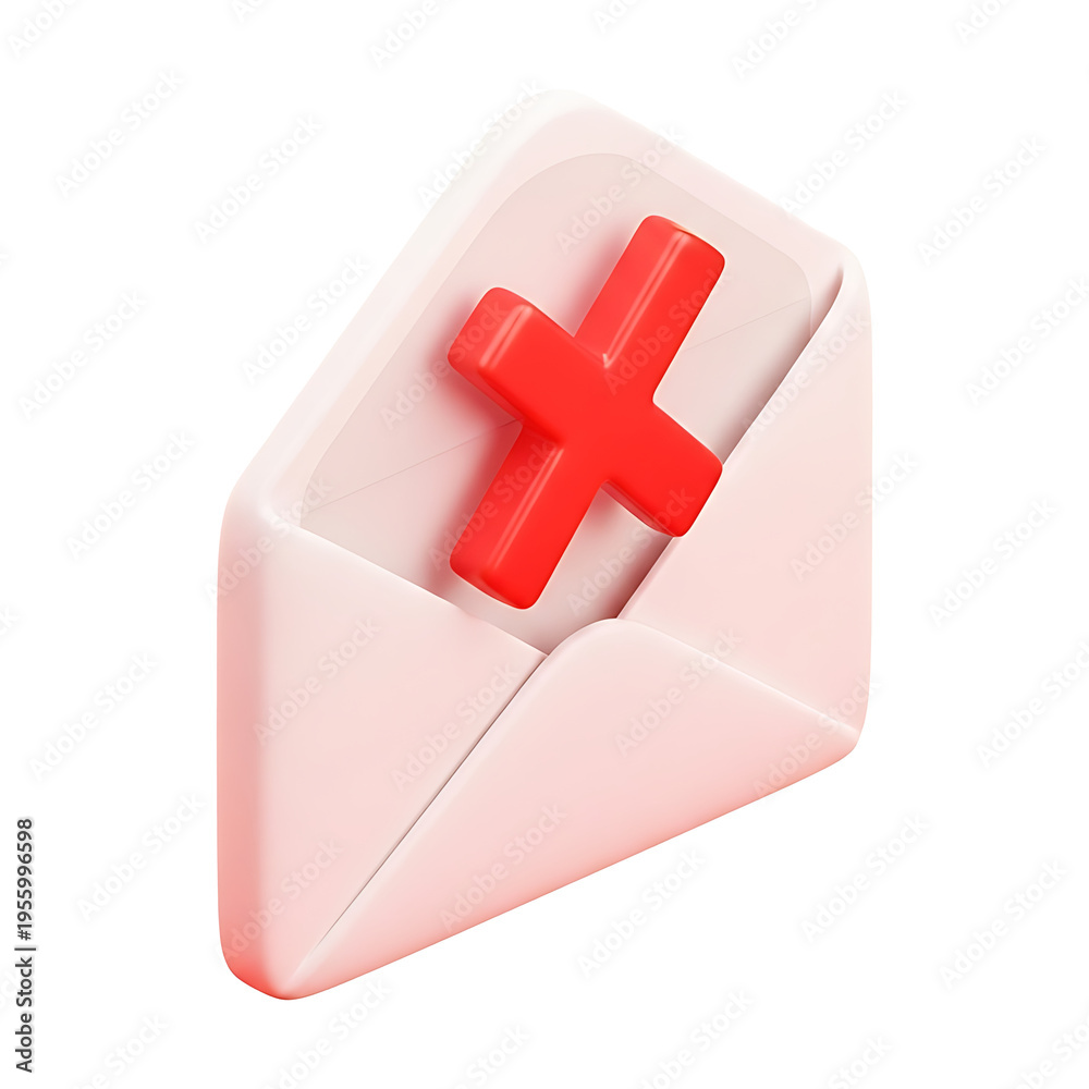 Fototapeta premium A 3D open envelope with a red X mark inside representing email rejection deletion or unsubscribe on a transparent background
