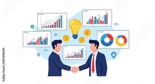 Two professional businessmen shaking hands to seal partnership amidst numerous digital data charts and analytical graphs.