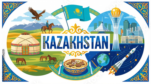 Vibrant Kazakhstan Cultural Elements Vector Illustration with Bayterek Tower, Nomadic Heritage, and Traditional Symbols