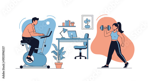 Couple engaging in healthy indoor fitness activities by using stationary exercise bike and lifting dumbbells at home.