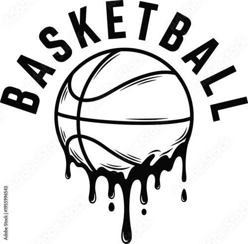 basketball dripping design, melting ball illustration, streetball graphic, urban sports art, grunge basketball logo, black white athletic design