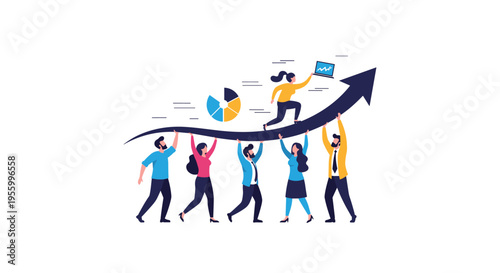 Team of diverse office colleagues supporting large rising arrow while successful leader runs towards new business heights.