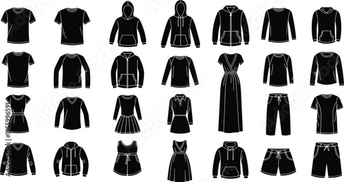 clothing apparel icons collection, t shirt hoodie dress pants outfits, fashion garments set, flat vector, minimal black silhouette illustration
