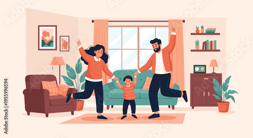 Happy family with a young child dancing and having fun in their cozy living room during a joyful evening celebration.