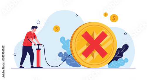 Man using a red pump to inflate a giant gold coin marked with a red cross showing financial bubble risks and errors.