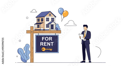 Real estate agent standing with a clipboard near a for rent sign with a house model on top of the wooden post.
