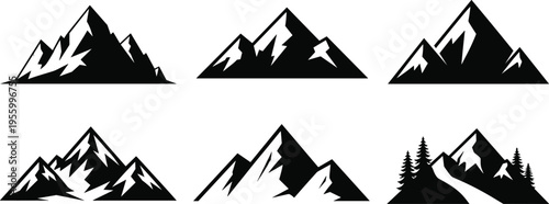 mountain landscape icons collection, alpine peaks silhouettes, nature scenery, outdoor adventure symbols, flat vector, minimal black illustration design set