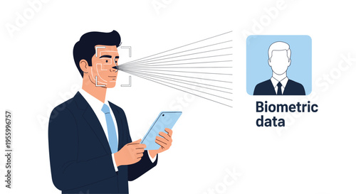 Modern businessman using a tablet computer being scanned by a high tech biometric facial recognition security system.