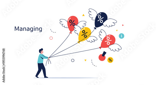 Determined person managing winged balloons with percentage symbols representing the control of financial interests.