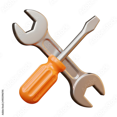 A glossy 3D crossed wrench and screwdriver with an orange handle represent repair maintenance and technical service on transparent background