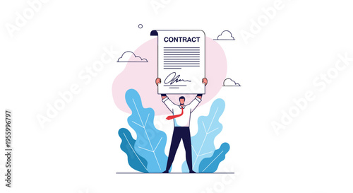 Proud businessman holding up a signed legal contract document as a symbol of a successful and closed business deal.