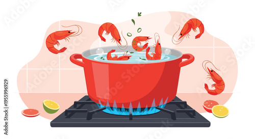 Fresh shrimp jumping into a red cooking pot with boiling water on a gas stove in a bright and modern kitchen room.