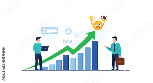 Business chart showing growth over time with a sad face emoji making an okay hand gesture at the highest peak.