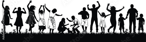 Family silhouettes parents and children playing together outdoor happy people jumping on grass isolated black vector illustration joyful lifestyle