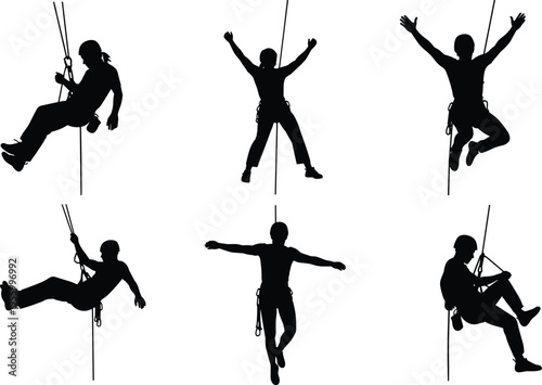 Prinrope climbing silhouettes collection, industrial worker abseiling, safety harness action, vertical rescue training, flat vector, minimal black illustration set