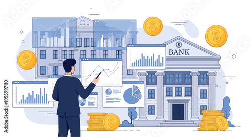 Financial expert analyzing multiple digital charts and banking data in front of a traditional stone bank building.