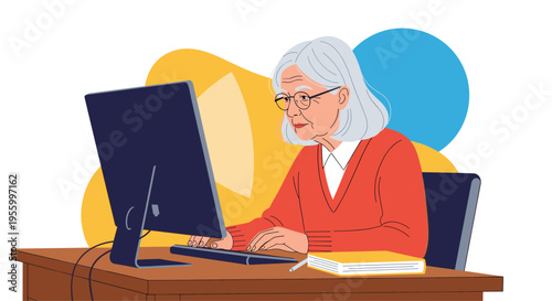 Focused elderly woman with grey hair wearing glasses working on a desktop computer at a rustic wooden desk.