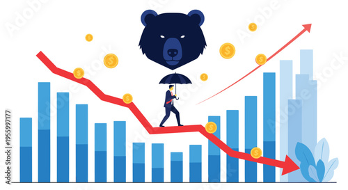 Businessman with an umbrella walking on a falling red market line chart under a large threatening bear head symbol.