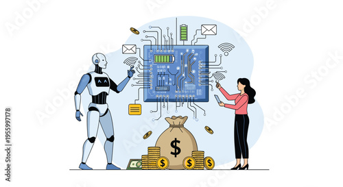Human and humanoid robot working together on a high tech circuit board with money and energy battery icons around.