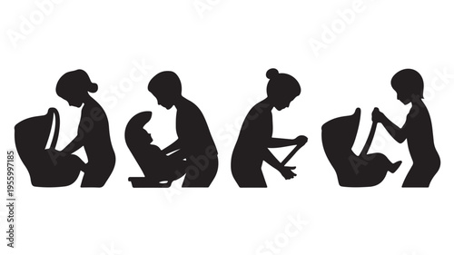 Silhouettes Of Women Installing Baby Car Seats Correctly On White Background For Parenting Guides