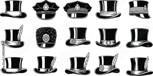vintage hat icons collection, top hat police cap styles, classic headwear fashion, retro accessory design, flat vector, minimal black illustration set