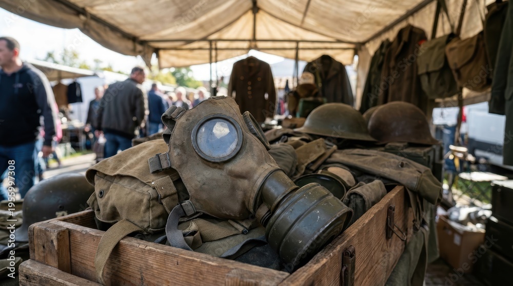 Naklejka premium Vintage military gas mask displayed in a wooden box with old helmets and army gear at an open air market