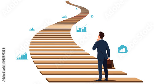 Businessman with a briefcase looking at a very long staircase leading to the sky with data growth chart icons.