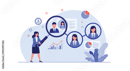 Professional recruiter uses a large magnifying glass to carefully select and evaluate job candidates from a diverse pool for a new position.